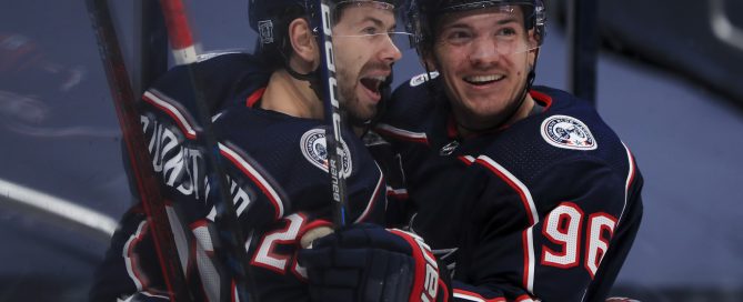 Right wing Oliver Bjorkstrand (left) and center Jack Roslovic (96) celebrate a goal at Nationwide Arena. (Photo: Aaron Doster-USA TODAY Sports)