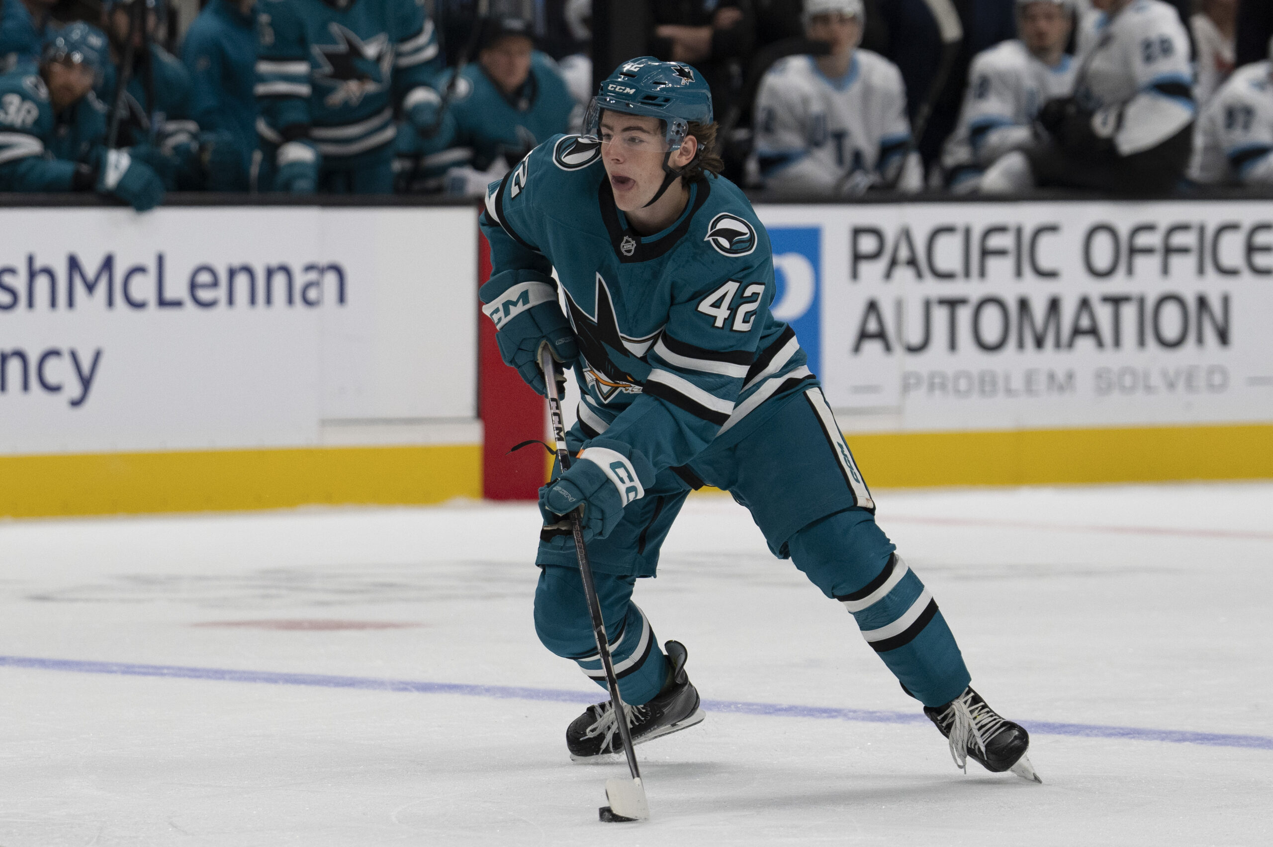 Defenseman Luca Cagnoni (42) handles the puck at SAP Center. (Photo: Stan Szeto-Imagn Images)