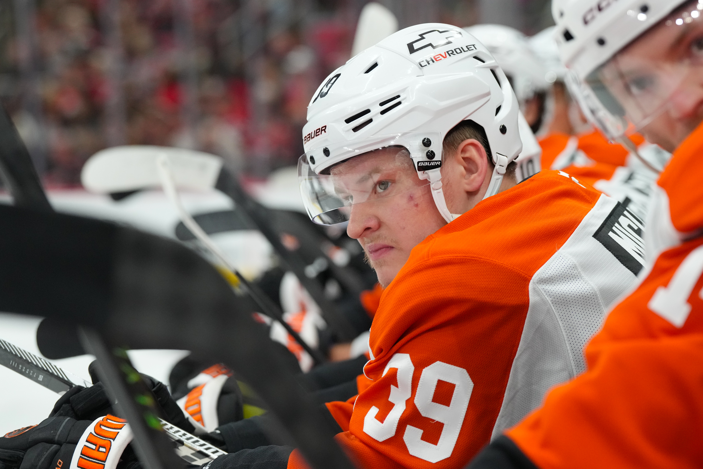 Right wing Matvei Michkov (39) looks on from the players bench at Lenovo Center. (Photo: James Guillory-Imagn Images)