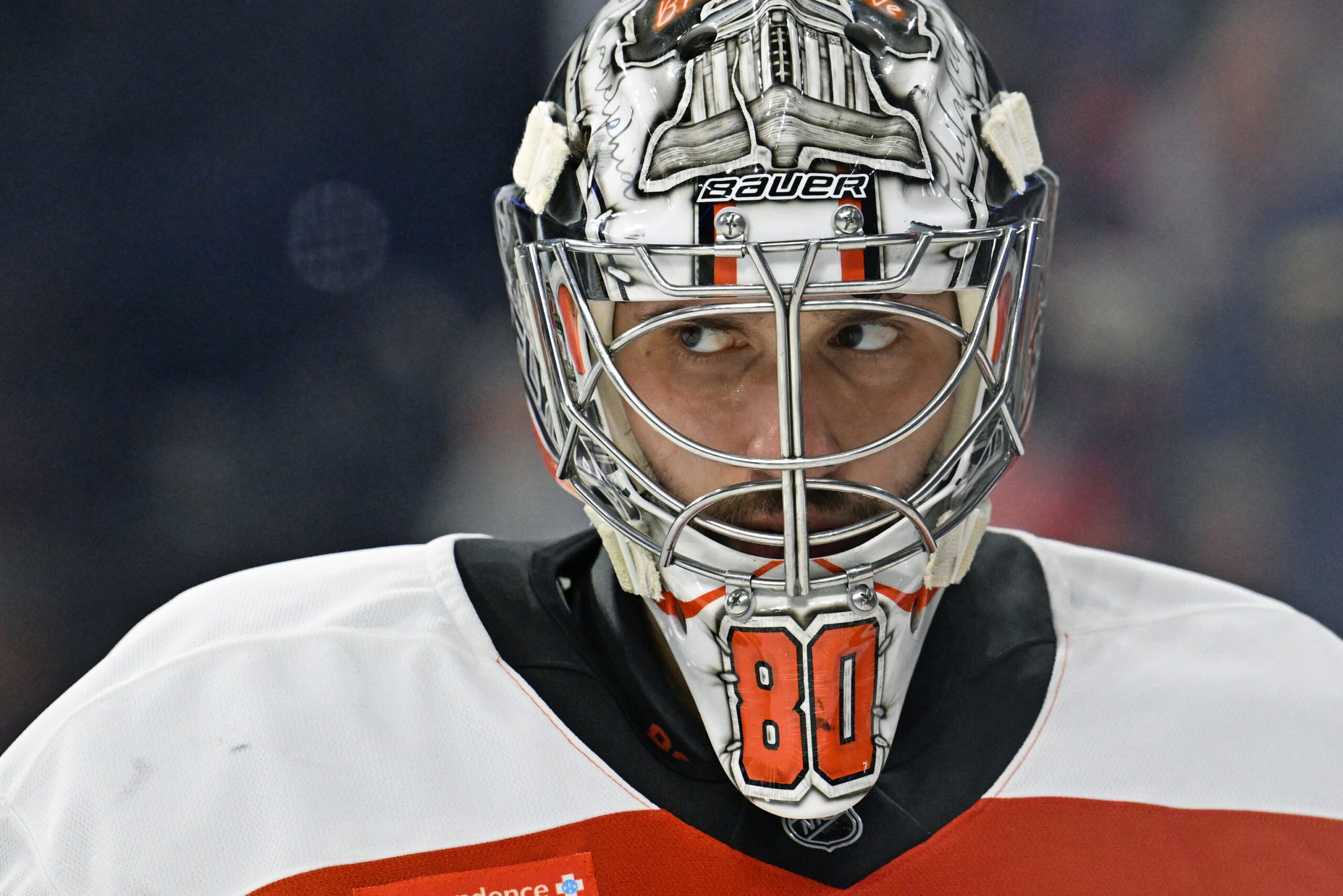 Goaltender Dan Vladar (80) looks on at Wells Fargo Center. (Photo: Eric Hartline-Imagn Images)