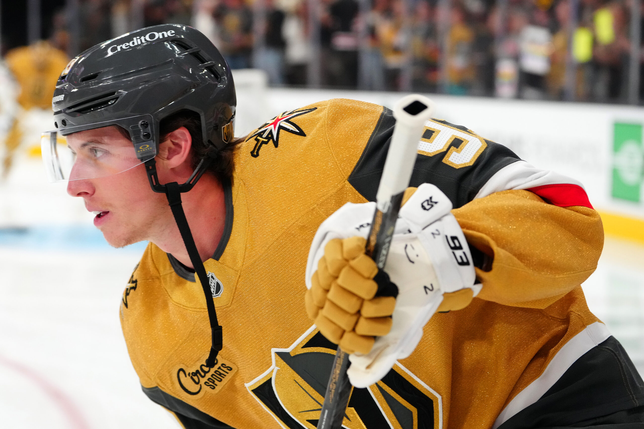 Right wing Mitch Marner (93) during warmup at T-Mobile Arena. (Photo: Stephen R. Sylvanie-Imagn Images)
