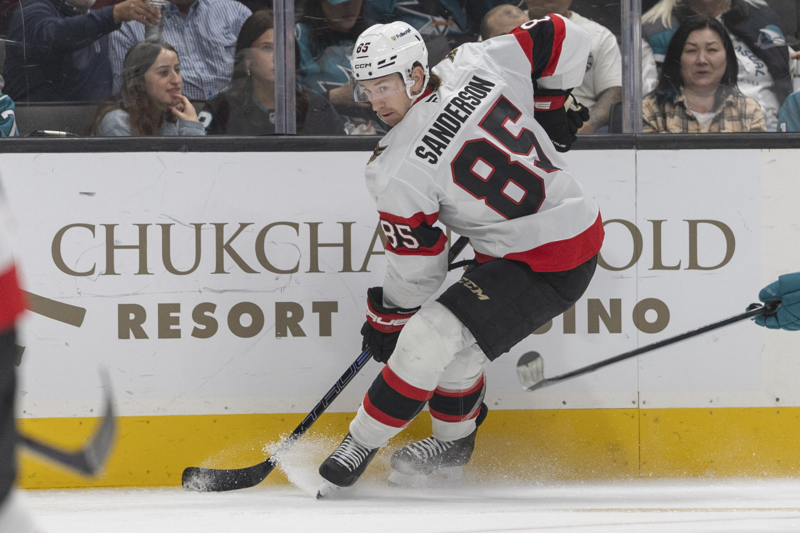 Defenseman Jake Sanderson (85) controls the puck at SAP Center at San Jose. (Photo: Stan Szeto-Imagn Images)