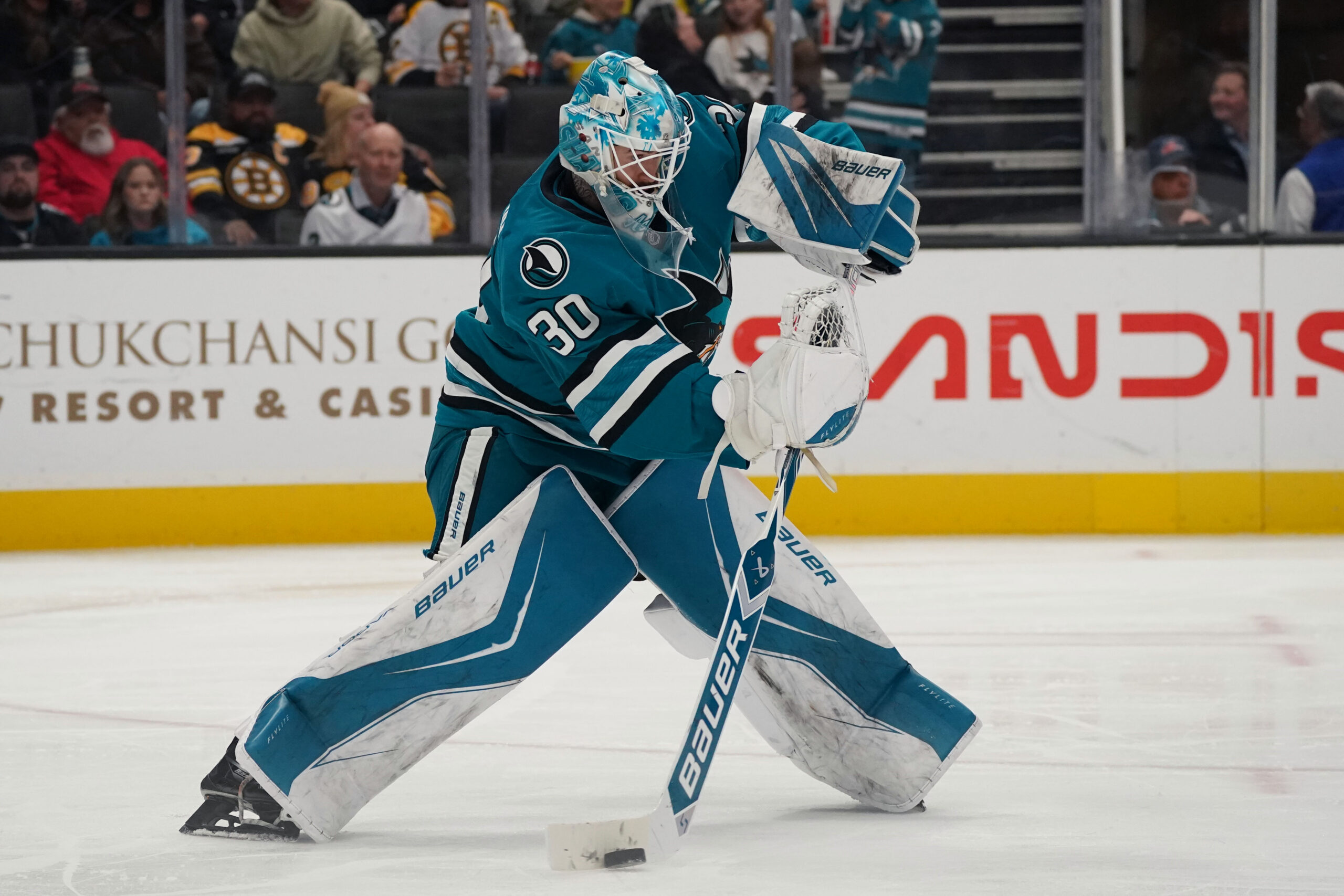 Goaltender Yaroslav Askarov (30) passes the puck at SAP Center in San Jose. (Photo: David Gonzales-Imagn Images)