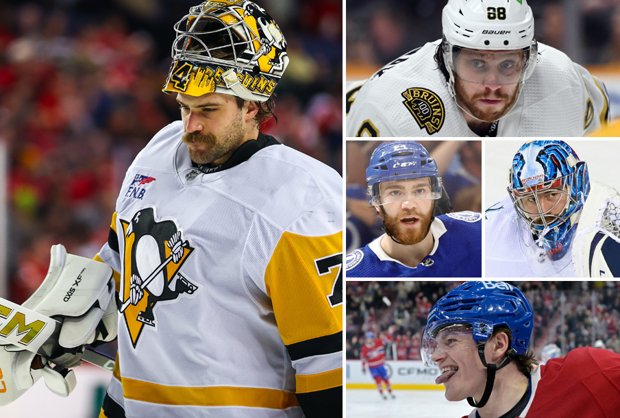 Clockwise from left: Stuart Skinner, David Pastrnak, Brayden Point (L), Phillipp Grubauer (R), Cole Caufied. (Photos: Imagn Images)