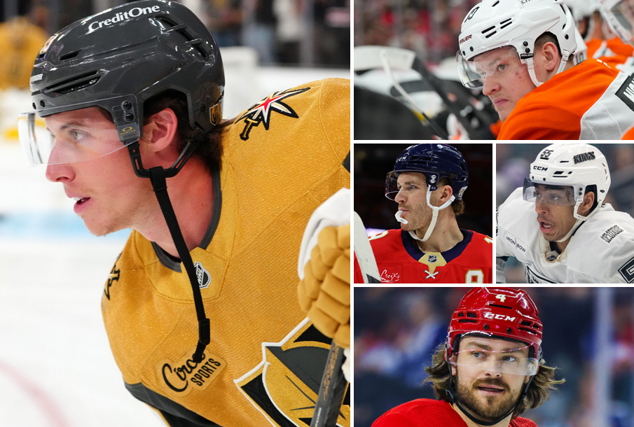 Clockwise from left: Mitch Marner, Matvei Michkov, Matthew (L), Quinton Byfield (R), Rasmus Andersson. (Photos: Imagn Images)