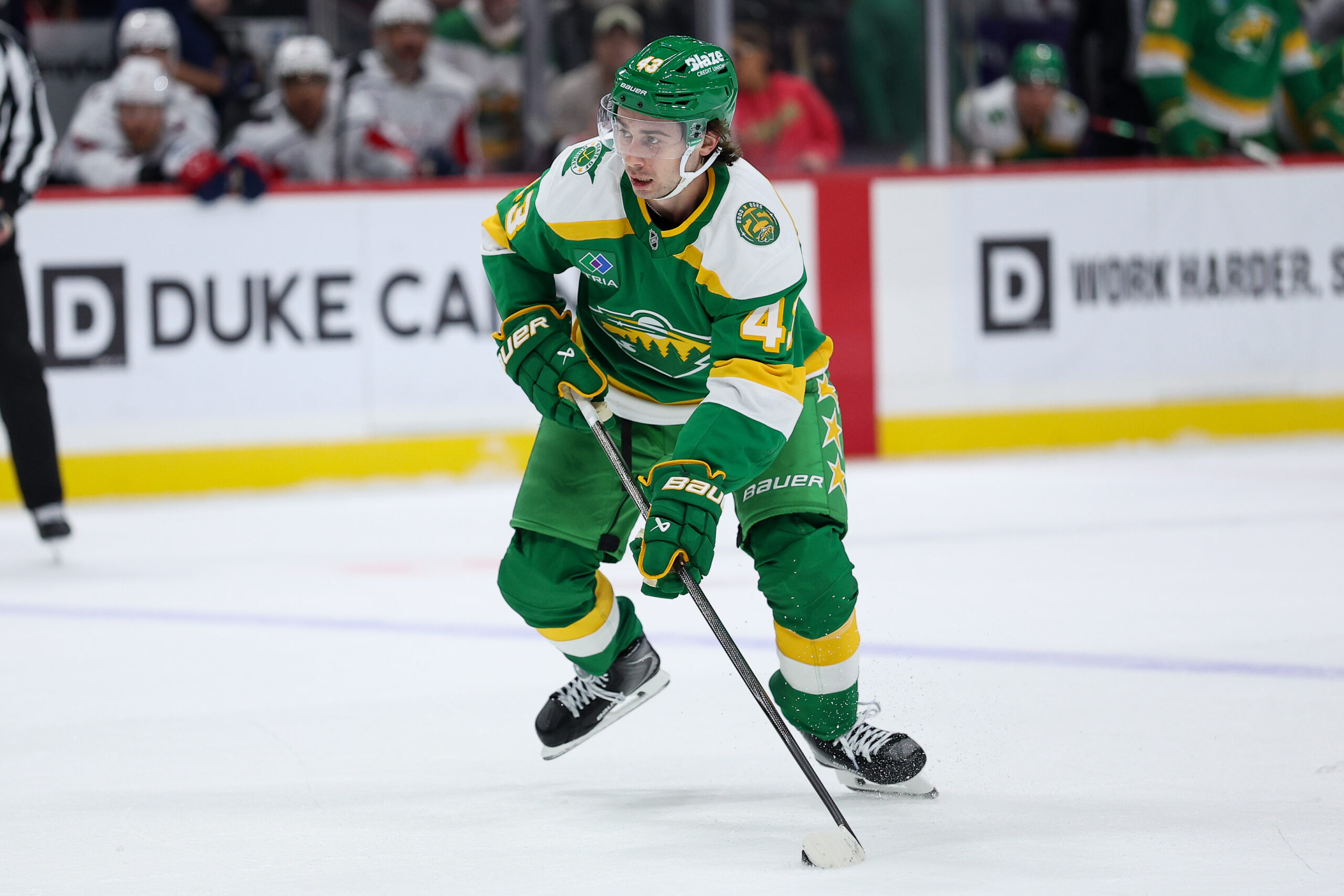 Defenseman Quinn Hughes (43) handles the puck at Grand Casino Arena. (Photo: Matt Krohn-Imagn Images)