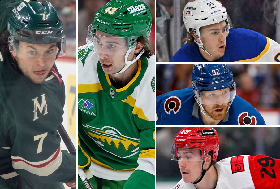 Clockwise from left: Brock Faber, Quinn Hughes, Josh Doan, Gabriel Landeskog, Bradly Nadeau. (Photos: Imagn Images)