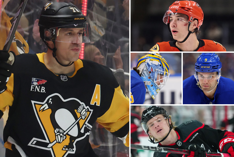 Clockwise from left: Evgeni Malkin, Beckett Sennecke, Devon Levi (L), Josh Norris (R), Jackson Blake. (Photos: Imagn Images)