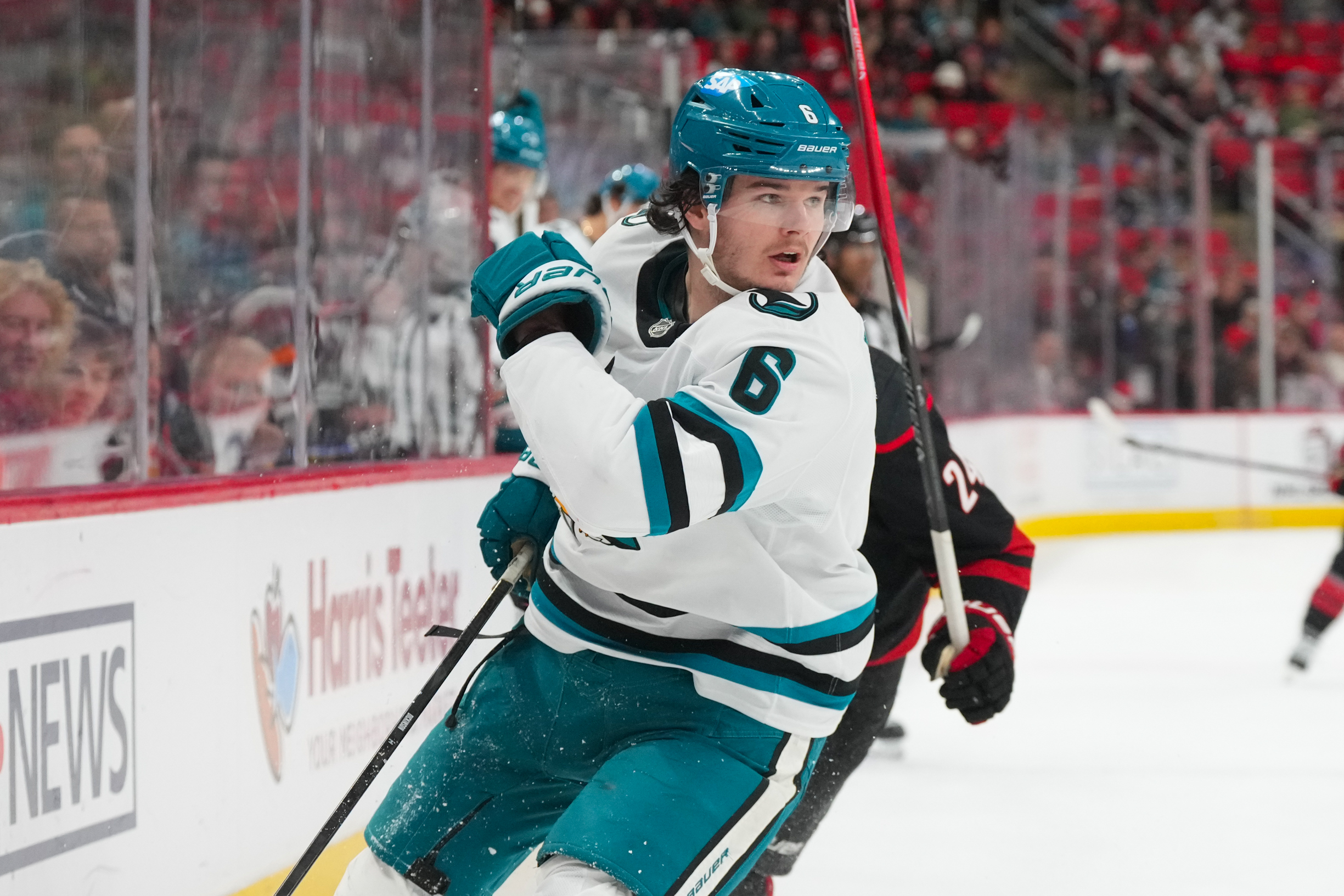 Defenseman Sam Dickinson (6) in the defensive zone at Lenovo Center. (Photo: James Guillory-Imagn Images)