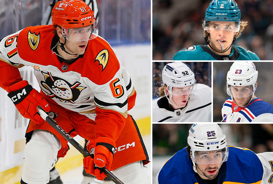 Clockwise from left: Cutter Gauthier, Will Smith, Brandt Clarke (L), Adam Fox (R). Jordan Kyrou. (Photos: Imagn Images)
