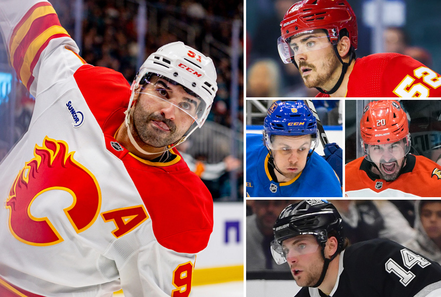 Clockwise from left: Nazem Kadri, MacKenzie Weegar, Philip Broberg (L), Chris Kreider (R), Alex Laferriere. (Photos: Imagn Images)
