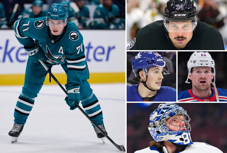 From left: Macklin Celebrini, Auston Matthews, Gabe Perreault (L), Alexis Lafreniere, Andrei Vasilevskiy. (Photos: Imagn Images)