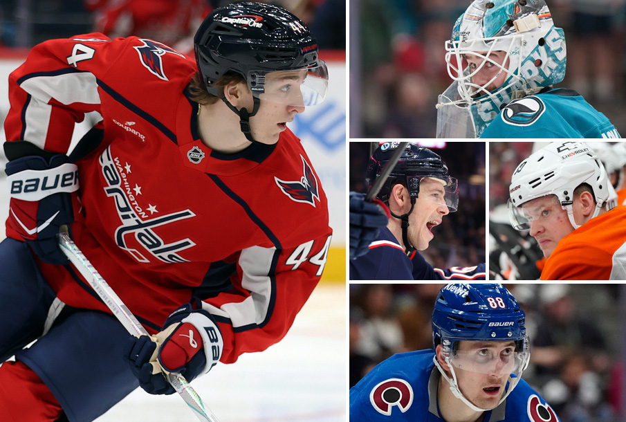 From left: Cole Hutson, Yarsolav Askarov, Charle Coyle (L), Matvei Michkov (R), Martin Necas. (Photos: Imagn Images)