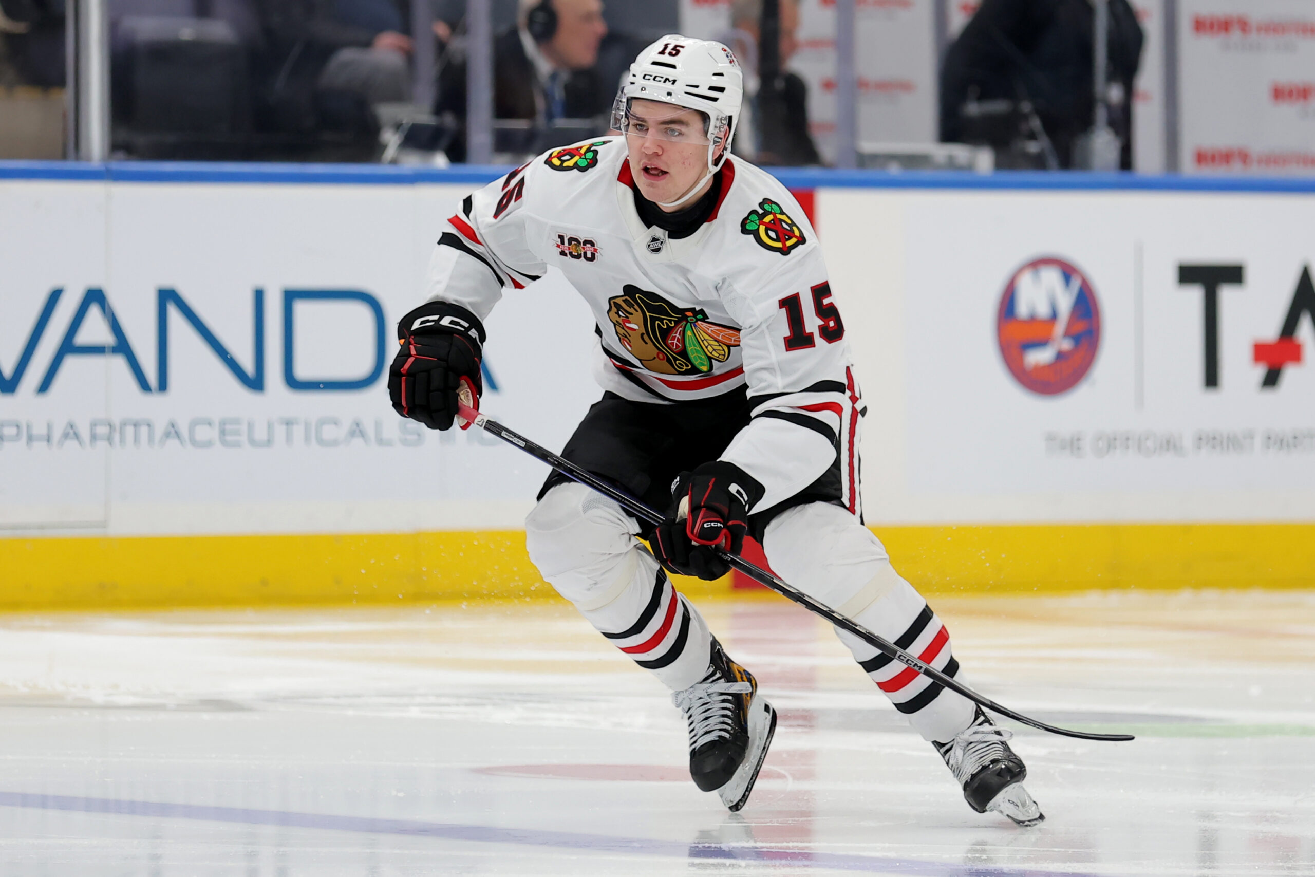 Center Anton Frondell (15) skates in his NHL debut at UBS Arena. (Photo: Brad Penner-Imagn Images)