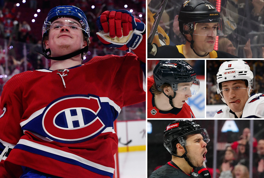 From left: Cole Caufield, Evgeni Malkin, Cole Hutson (L), Ryan Leonard (R), Logan Stankoven. (Photos: Imagn Images)