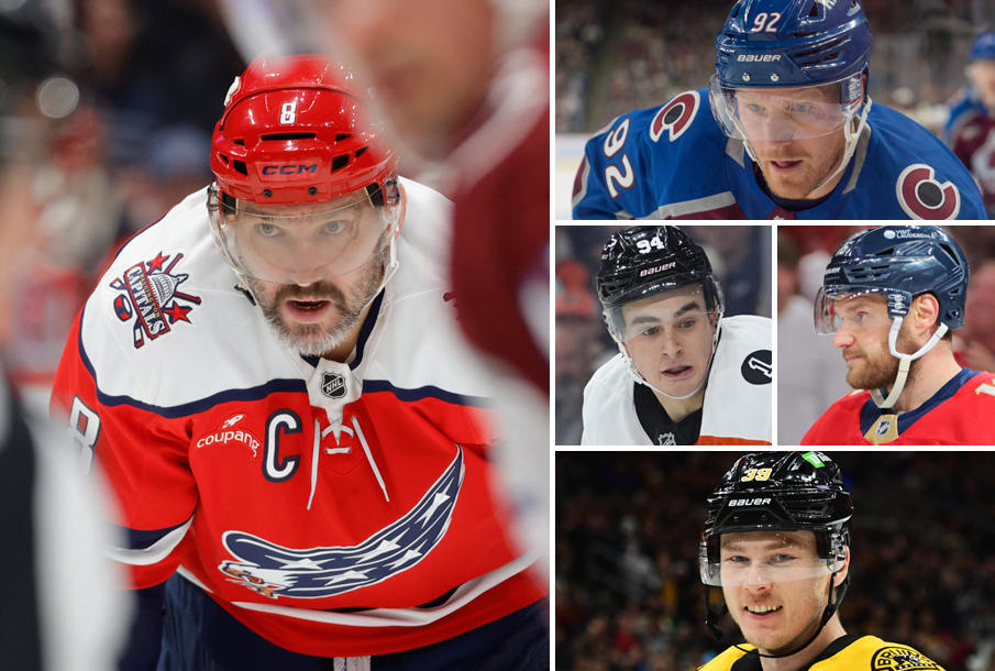 From left: Alex Ovechkin, Gabriel Landeskog, Porter Marton (L), Aleksander Barkov (R), Morgan Geekie. (Photos: Imagn Images)