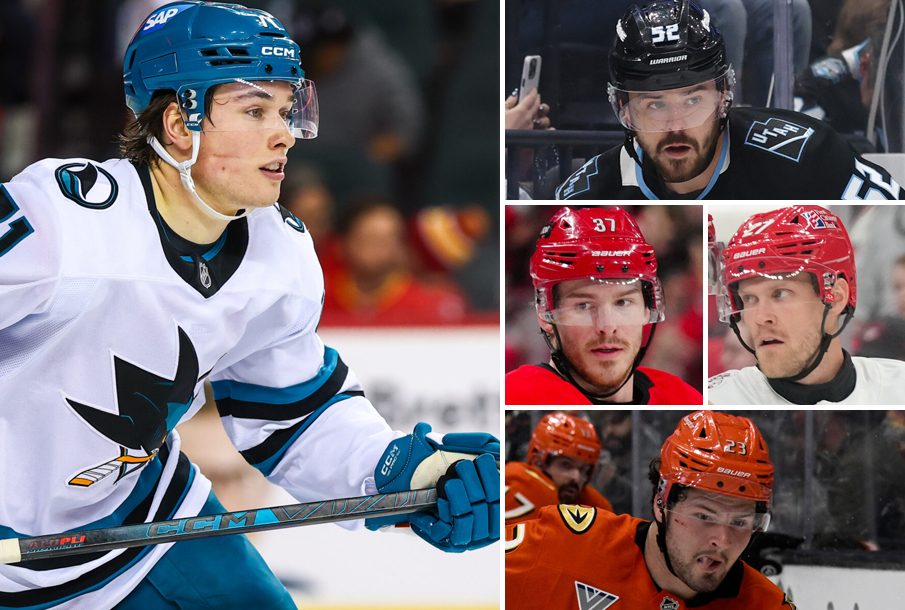From left: Macklin Celebrini, MacKenzie Weegar, Andrei Svechnikov (L), Nikolaj Ehlers (R), Mason McTavish. (Photos: Imagn Images)