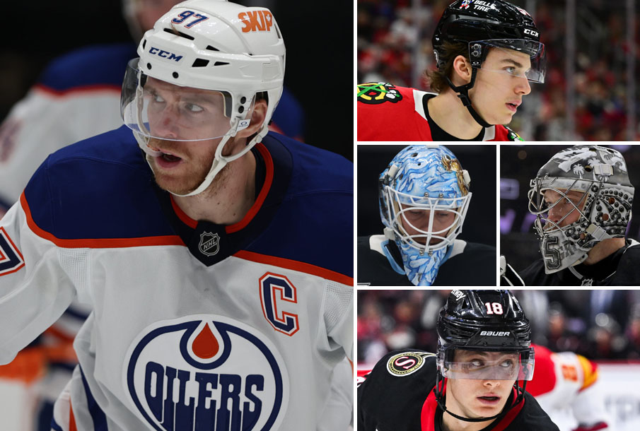 From left: Connor McDavid, Connor Bedard, Karel Vejmelka (L), Darcy Kuemper (R), Tim Stutzle. (Photos: Imagn Images)