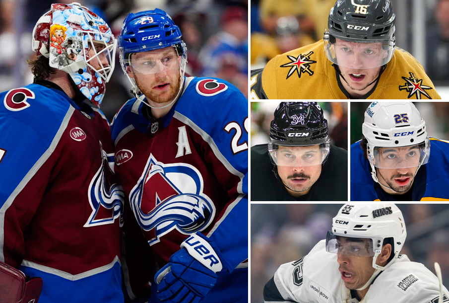 From left: Scott Wedgewood, Nathan MacKinnon, Pavel Dorofeyev, Auston Matthews (L), Jordan Kyrou (R), Quinton Byfield. (Photos: Imagn Images)