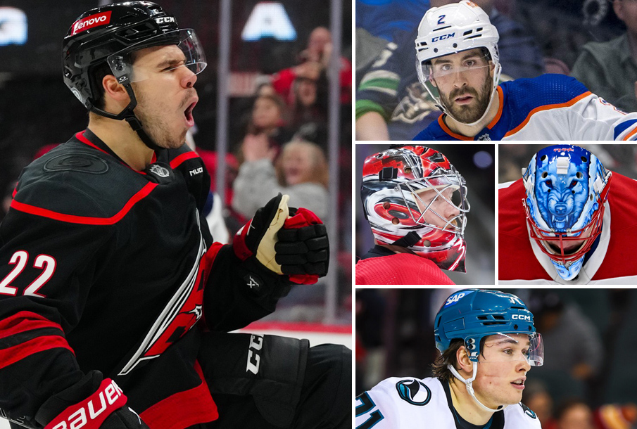 From left: Logan Stankoven, Evan Bouchard, Frederik Andersen (L), Jakub Dobes (R), Macklin Celebrini. (Photos: Imagn Images)