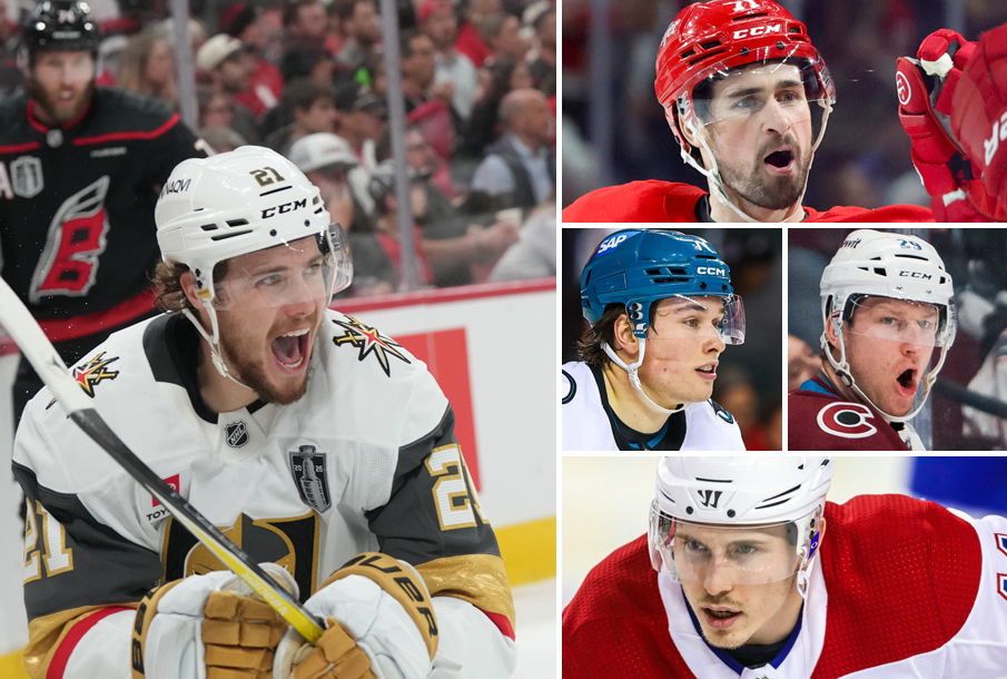 From left: Brett Howden, Dylan Larkin, Macklin Celebrini (L), Nathan MacKinnon (R), Brendan Gallagher. (Photos: Imagn Images)