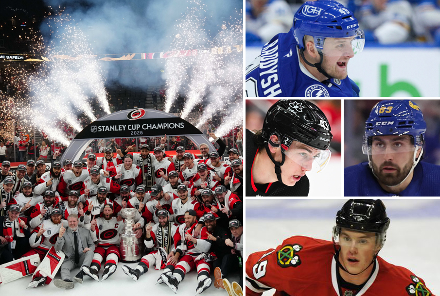 From left: The 2026 Stanley Cup champion Carolina Hurricanes, Darren Raddysh, Luke Hughes (L), Alex Tuch (R), Jonathan Toews. (Photos: Imagn Images)