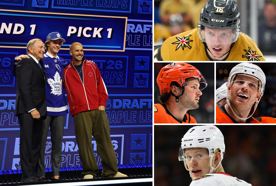 From left: Gary Bettman, Gavin McKenna, Justin Bieber, Pavel Dorofeyev, Mason McTavish (L), John Carlson (R), Brady Tkachuk. (Photos: Imagn Images)