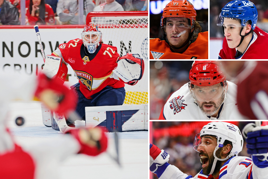 Clockwise from left: Sergei Bobrovsky, Leo Carlsson, Ivan Demidov, Alex Ovechkin, Vincent Trocheck. (Imagn Images)