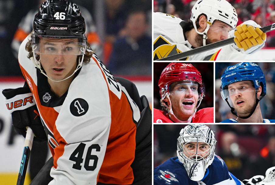 Clockwise: Trevor Zegras, Shea Theodore, Patrick Kane (L), Elias Pettersson (R), Connor Hellebuyck. (Photos: Imagn Images)