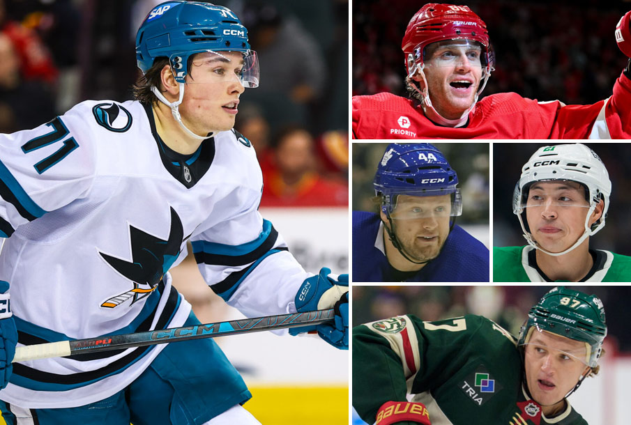 Clockwise: Macklin Celebrini, Patrick Kane, Morgan Rielly (L), Jason Robertson (R), Kirill Kaprizov. (Photos: Imagn Images)