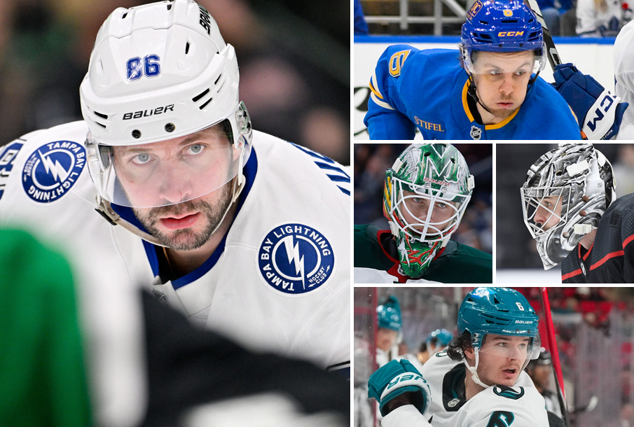 From left: Nikita Kucherov, Philip Broberg, Jesper Wallstedt, Pyotr Kochetkov, Sam Dickinson. (Photos: Imagn Images)
