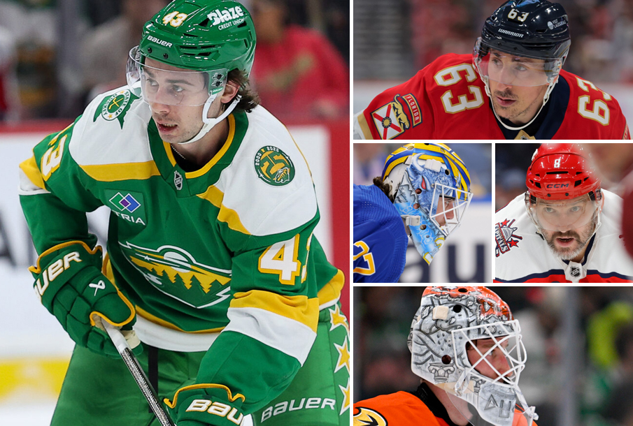From left: Quinn Hughes, Brad Marchand, Devon Levi (L), Alex Ovechkin (R), Lukas Dostal. (Photos: Imagn Images)