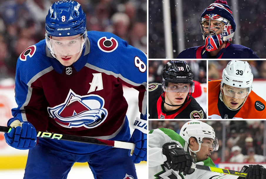From left: Cale Makar, Connor Hellebuyck, Tim Stutzle, Matvei Michkov, Jason Robertson. (Photos: Imagn Images)