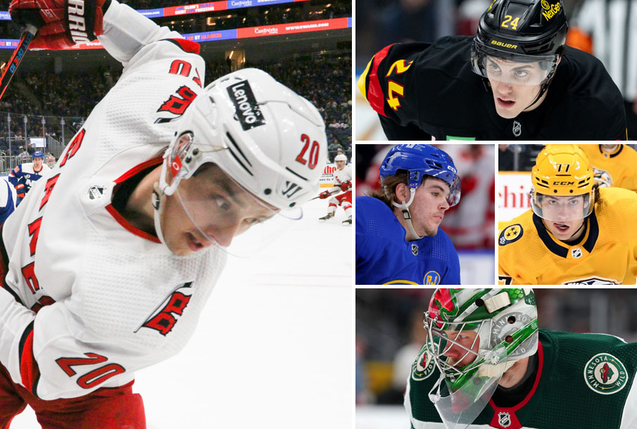 From left: Sebastian Aho, Zeev Buium, Zach Benson, Luke Evangelista, Filip Gustavsson. (Photos: Imagn Images)