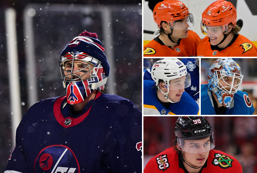 From left: Connor Hellebuyck, Cutter Gauthier (L), Leo Carlsson (R), Noah Ostlund (L), Scott Wedgewood (R), Connor Bedard. (Photos: Imagn Images)