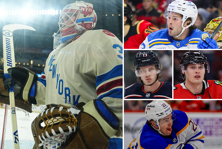 From left: Igor Shesterkin, Mason McTavish, Kent Johnson (L), Roman Kantserov (R), Jack Quinn. (Photos: Icon Sportswire; Imagn Images)